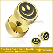 18K Gold Plated Smile Face Stainless Steel Fake Plug Earrings